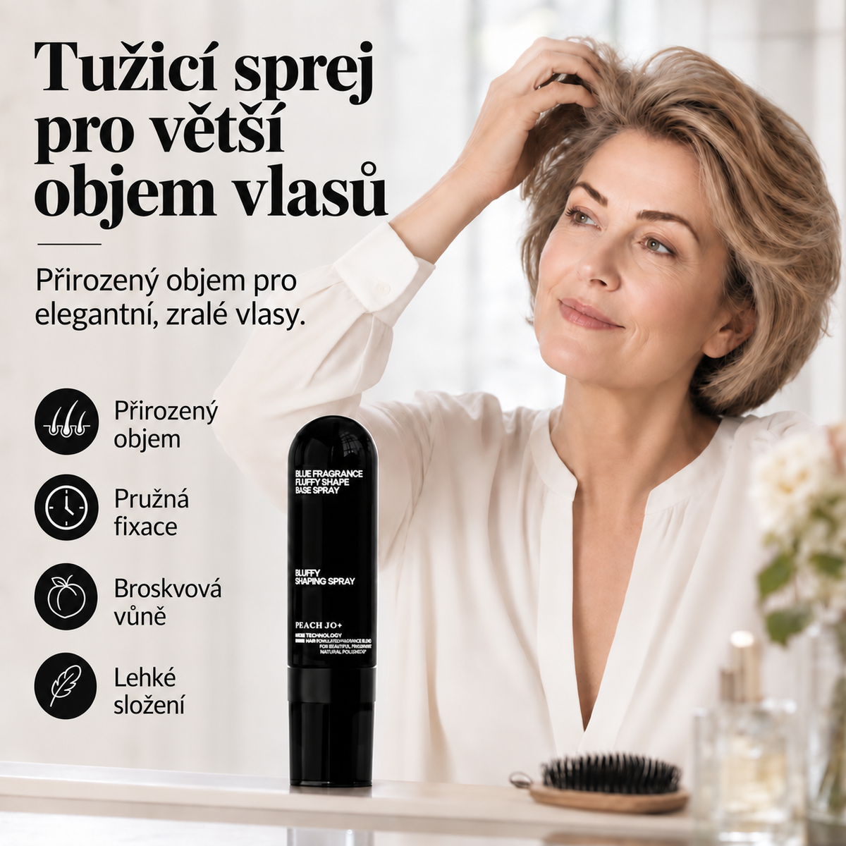 Tužicí sprej pro větší objem vlasů s broskvovou vůní
